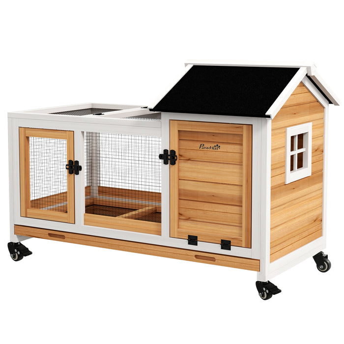 Wooden Rabbit Hutch with Wheels - Durable Guinea Pig Cage & Small Pet Home with Removable Tray - Easy Cleaning & Mobility in Bright Yellow