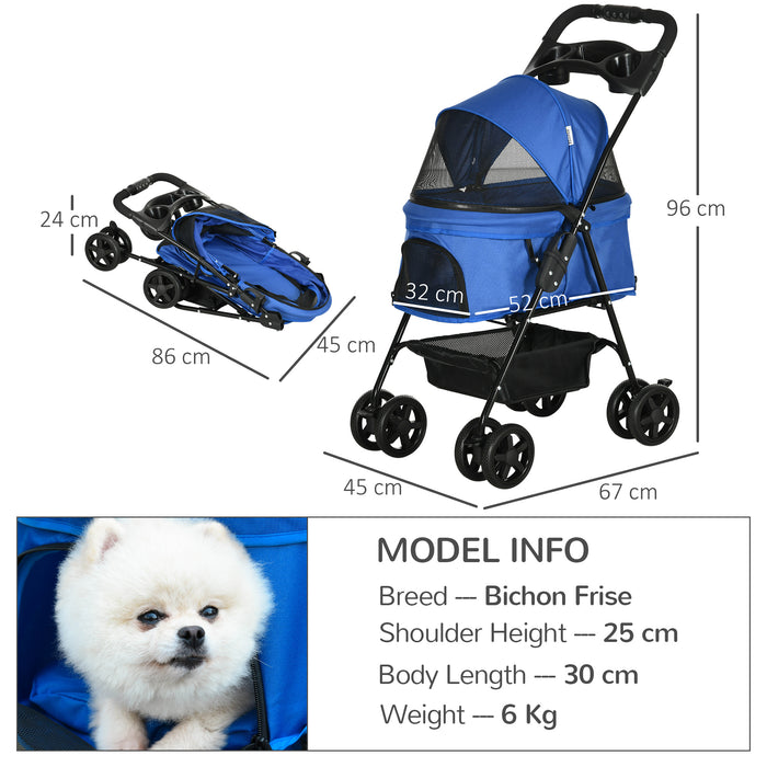 Pet Stroller - Dog & Cat Travel Pushchair with One-Click Folding, EVA Wheels, Brake System, and Adjustable Canopy - Safe and Comfortable Blue Trolley for Pet Jogging and Transport