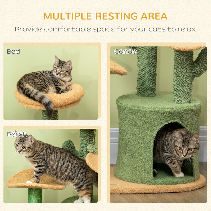 Cactus Cat Tree Climber - 83cm Tall Kitten Activity Center with Plush Teddy Fleece House, Comfy Bed, Durable Sisal Scratch Post & Playful Hanging Ball - Ideal for Playful Cats & Scratch-Loving Kittens