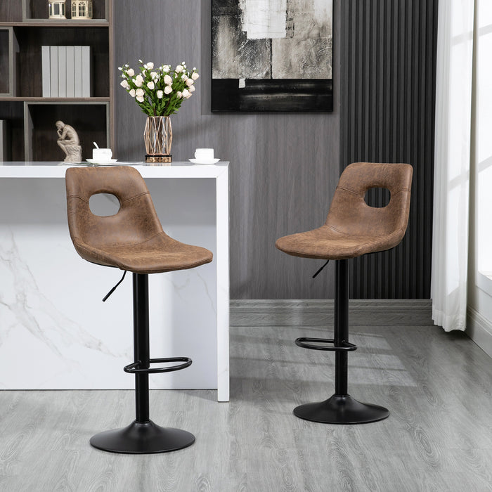 Retro-Style Adjustable Bar Stools Set of 2 - Faux Leather High Back Breakfast Chairs with Footrest, Brown - Ideal for Kitchen and Dining Area Comfort