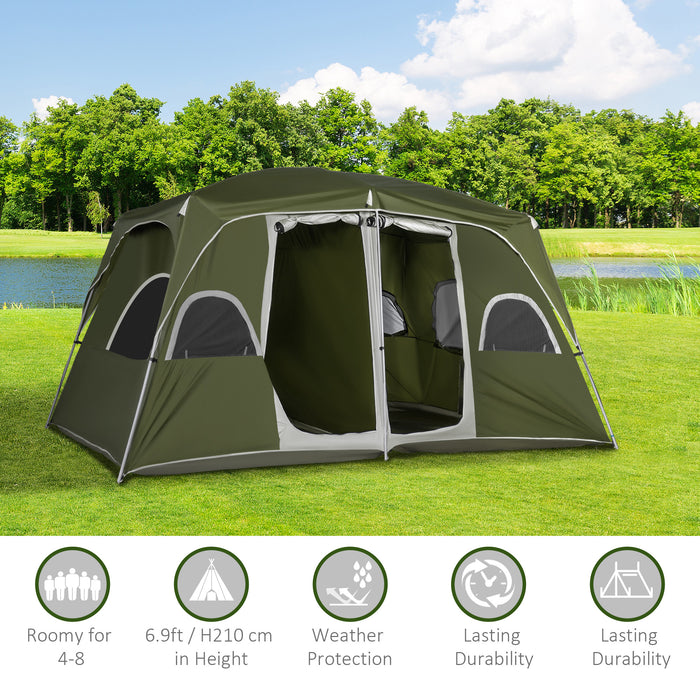Family Camping Shelter 4-8 Persons - Dual-Room Large Mesh Windows Tent, Quick Assembly - Ideal for Backpacking & Hiking Adventures, Green
