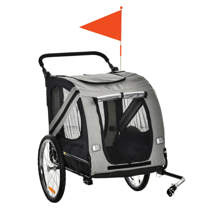 2-in-1 Dog Bike Trailer & Pet Stroller - Steel Frame Bicycle Carrier with Universal Wheel, Reflectors, and Flag in Grey - Ideal Travel Accessory for Pet Owners