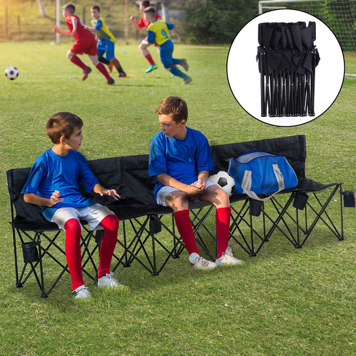 6-Seater Foldable Sports Bench - Outdoor Picnic & Camping Chair with Cup Holder, Steel Frame - Portable Group Seating for Spectators