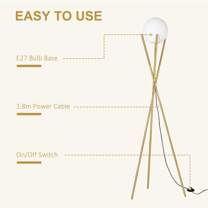 Modern Globe Lampshade Tripod Floor Lamp - E27 Base with Convenient Foot Switch - Elegant Gold and White Lighting Solution for Living Room and Bedroom