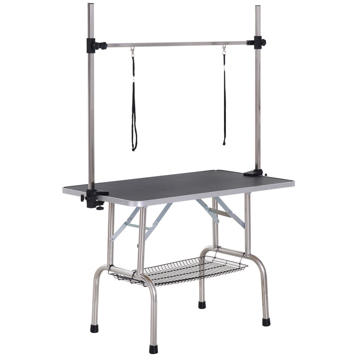 Heavy Duty Adjustable Dog Grooming Table with Rubber Surface - Includes 2 Safety Slings and Mesh Storage Basket, 107x60x170cm - Ideal for Safe, Comfortable Pet Grooming