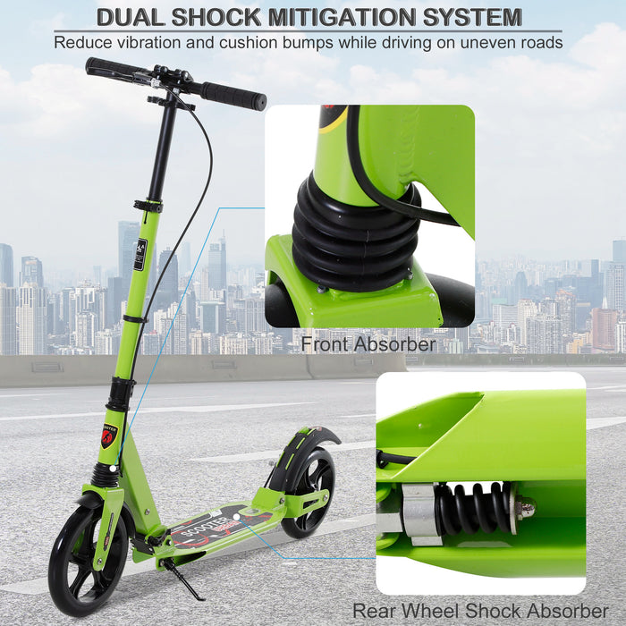 Adjustable & Foldable Teens Adult Scooter - Aluminum Kick Ride with Dual Brakes & Shock Mitigation, Green - Perfect Outdoor Fun for Ages 14+