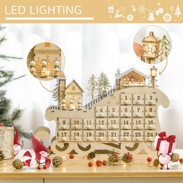 Light-Up Wooden Sled Advent Calendar - 24-Day Holiday Countdown with Drawers and Village Decor - Festive Christmas Tabletop Accent for Home Decoration