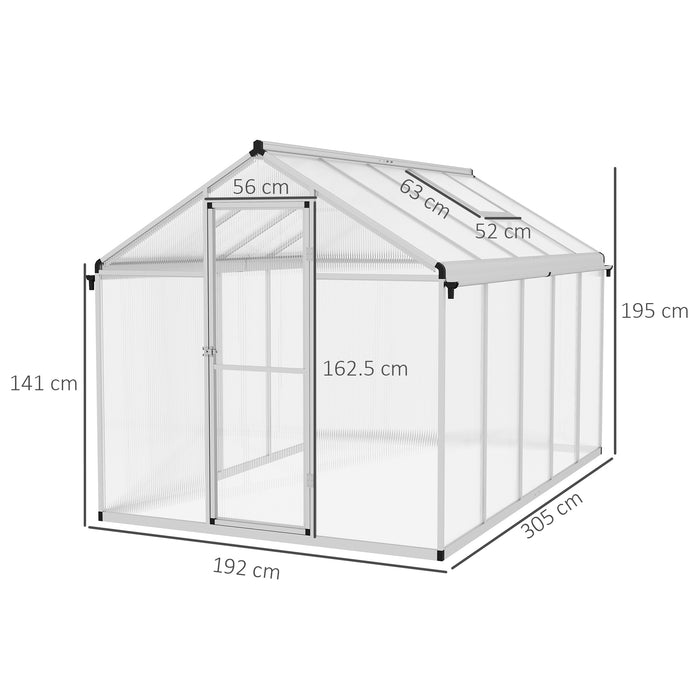Polycarbonate Walk-In Greenhouse 6x10ft - Sturdy Aluminium Frame, Integrated Rain Gutters, Ample Ventilation with Window - Ideal for Garden Plant Cultivation