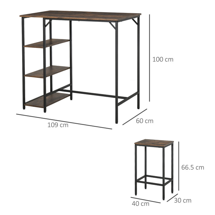 Industrial Bar Height Dining Table Set with Side Shelf - Includes 2 Stools for Kitchen or Dinette - 3-Piece Coffee and Dining Room Furniture Combo