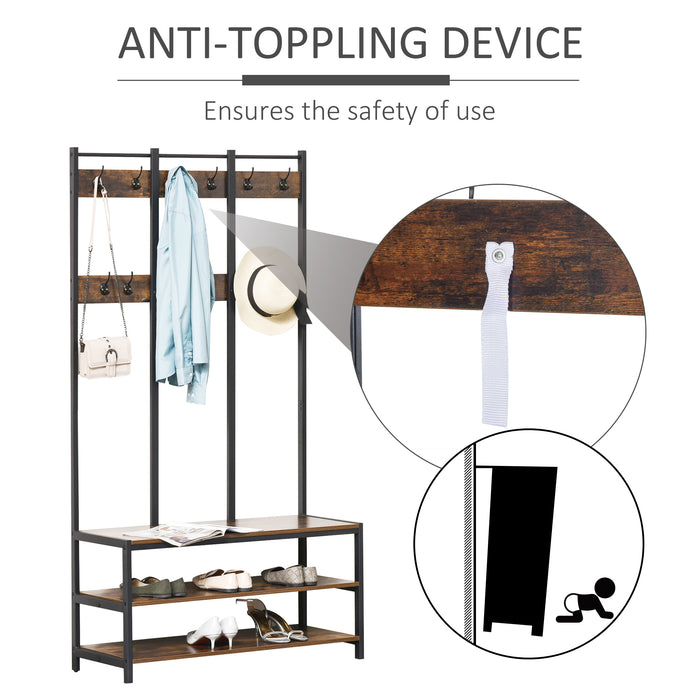 Free Standing Hall Tree with Shoe Bench - Coat Rack with Hooks in Rustic Brown & Black, 100x40x184cm - Ideal for Entryway Organization and Storage