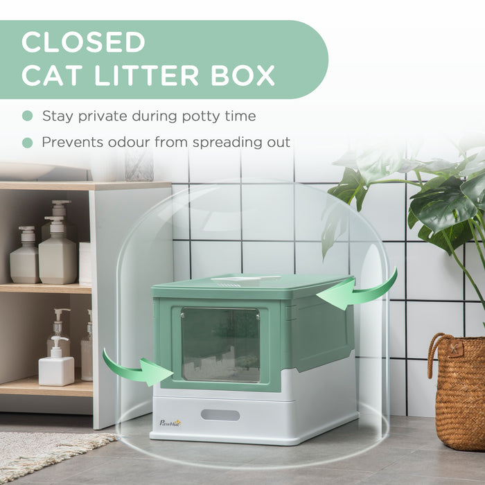 Portable Hooded Cat Litter Box with Scoop - Front Entry and Top Exit Design, Spacious Pet Toilet - Ideal for Privacy-Loving Cats, 47.5x35.5x36.7cm, Green