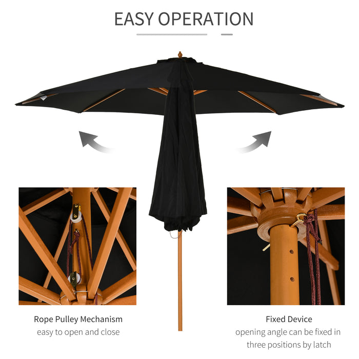 Bamboo Wooden Market Umbrella - Ø3m Outdoor Patio Garden Sunshade with 8 Ribs, Black Canopy - Ideal for Residential and Commercial Spaces
