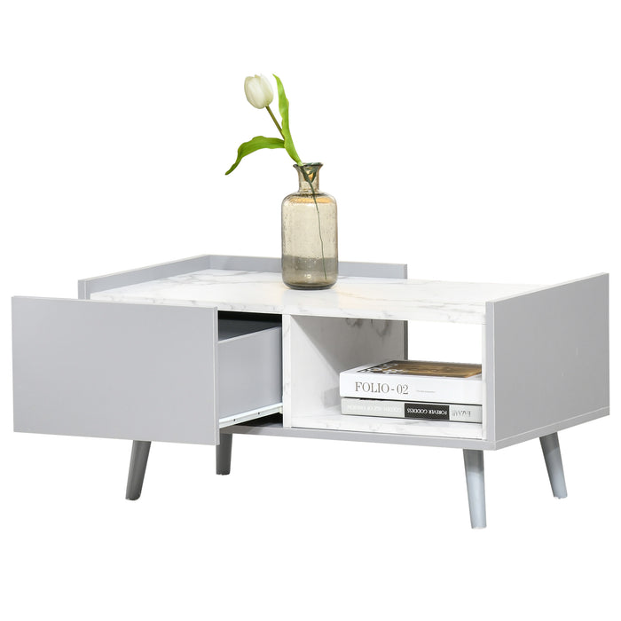 Duo Storage Two-Tone Coffee Table - Modern Marble Effect with Shelf and Drawer - Elegant Grey and White Side Table with Wooden Legs for Living Room