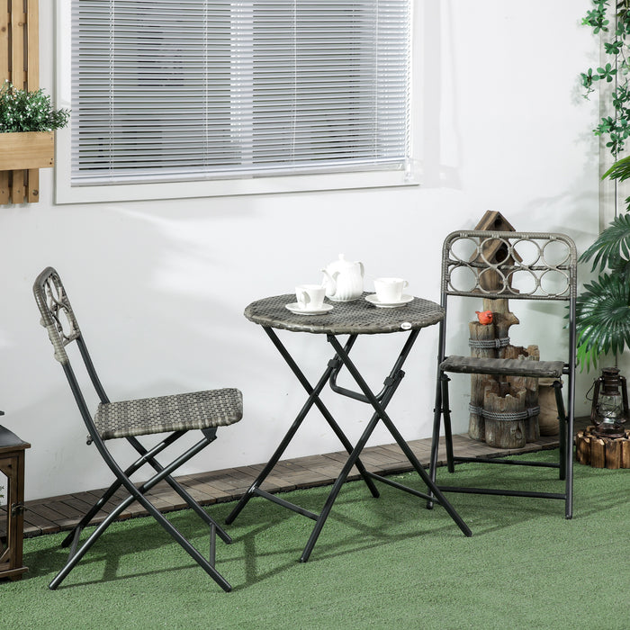 3 PCS Wicker Bistro Set - Hand Woven, Easy Folding Rattan Furniture with Coffee Table and Chairs - Perfect for Outdoor, Lawn, Pool, Balcony & Garden Use, Grey