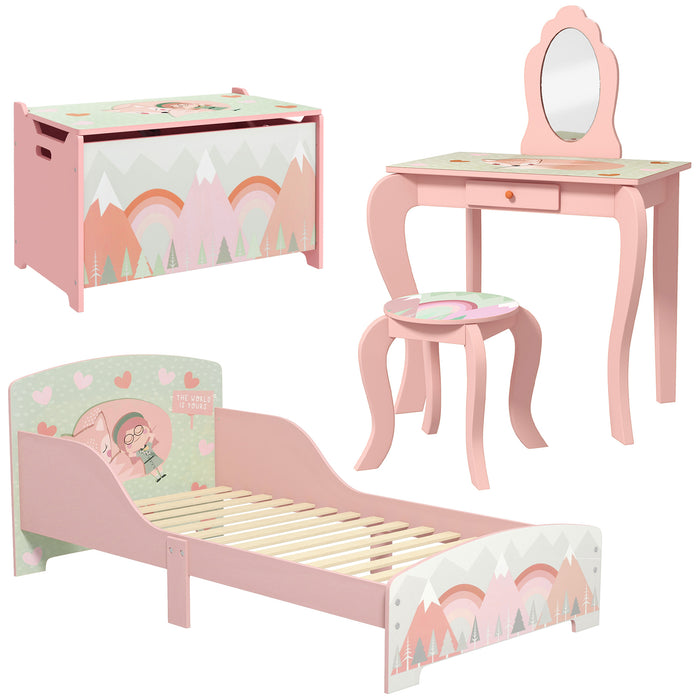 Kids' Bedroom Ensemble with Storage - Bed, Toy Box, Vanity for Ages 3-6 - Perfect for a Pink Themed Room