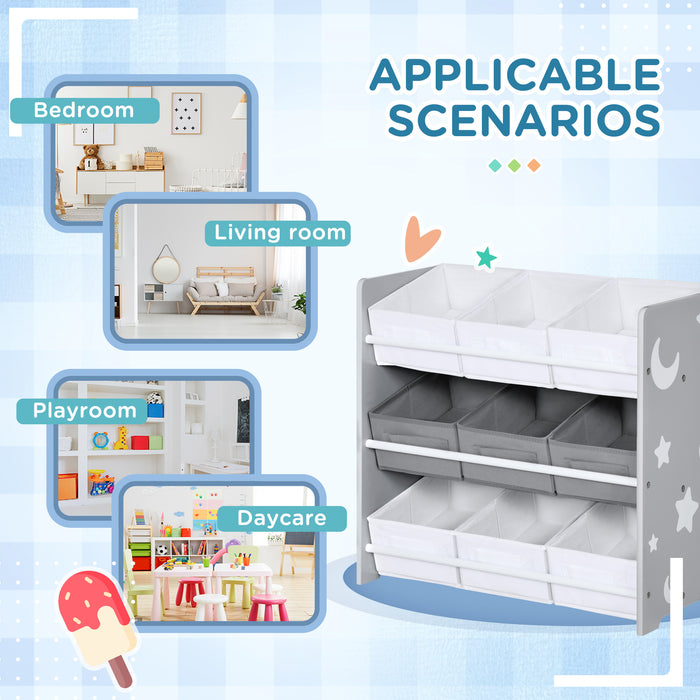 9-Bin Kids Storage Organizer - Removable Baskets and Bookshelf Combo for Nursery & Playroom - Space-Saving Toy Box and Shelving Unit in Grey