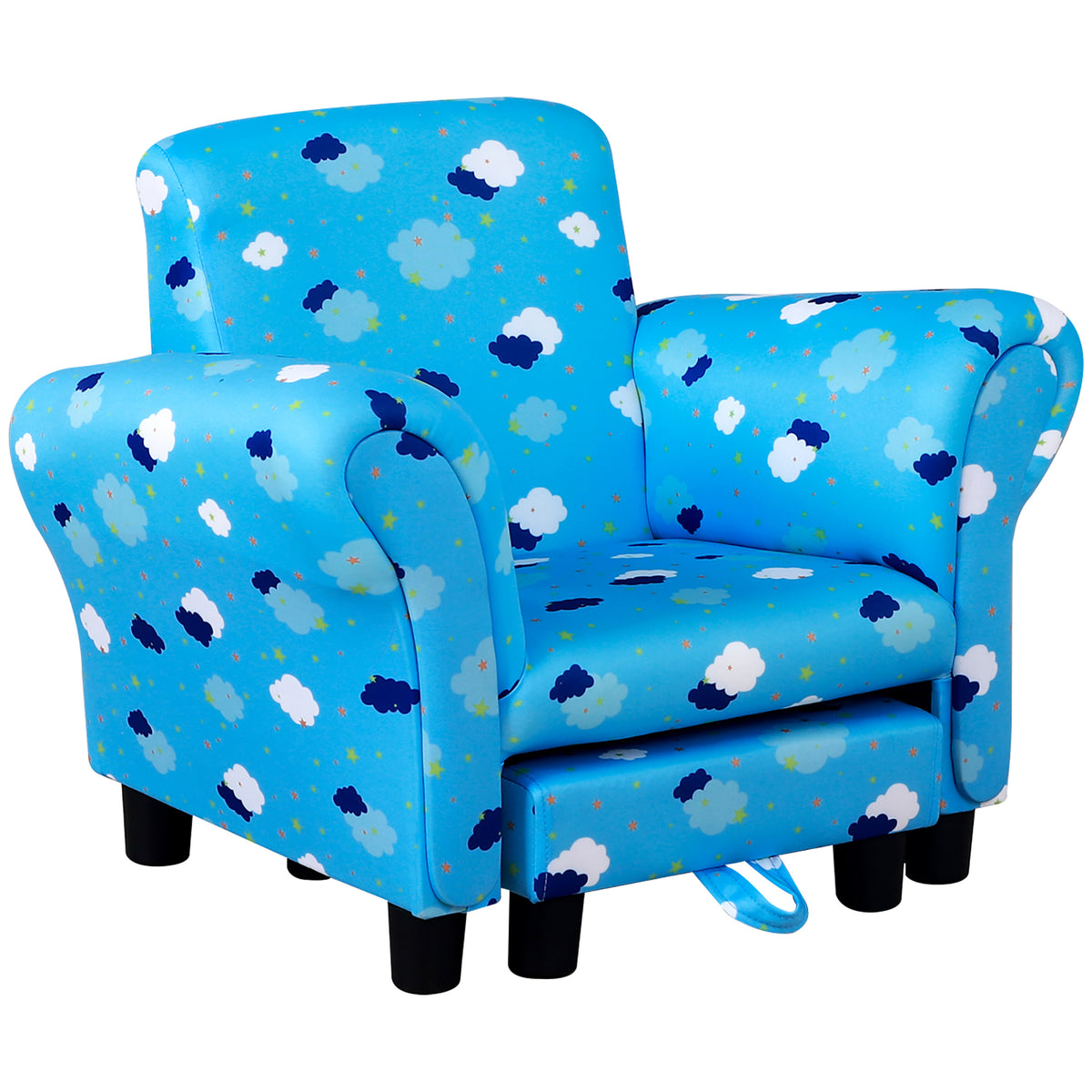 Kids' Mini Couch with Footrest - Sturdy Wooden Frame & Anti-Slip Legs, High Back, Armrests - Adorable Cloud and Star Design for Bedroom or Playroom