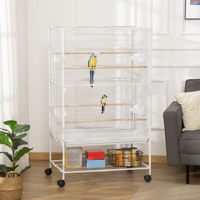 Large Aviary Bird Cage with Rolling Stand - Ideal Habitat for Finches, Canaries, Budgies - Includes Slide-Out Cleaning Tray, Storage Shelf, Wooden Perches & Food Containers