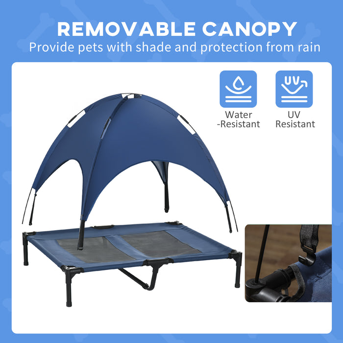Elevated Pet Cot for Large Dogs - Sturdy Raised Dog Bed with Waterproof Fabric and Breathable Mesh - Blue Outdoor Lounger with UV Protective Canopy, 92x76x90cm