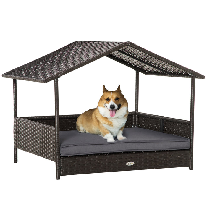 Wicker Dog House with Canopy - Rattan Pet Bed, Grey, Soft Cushion, Anti-slip Pads, 98x69x73cm - Ideal for Cats and Dogs, Comfort Shelter