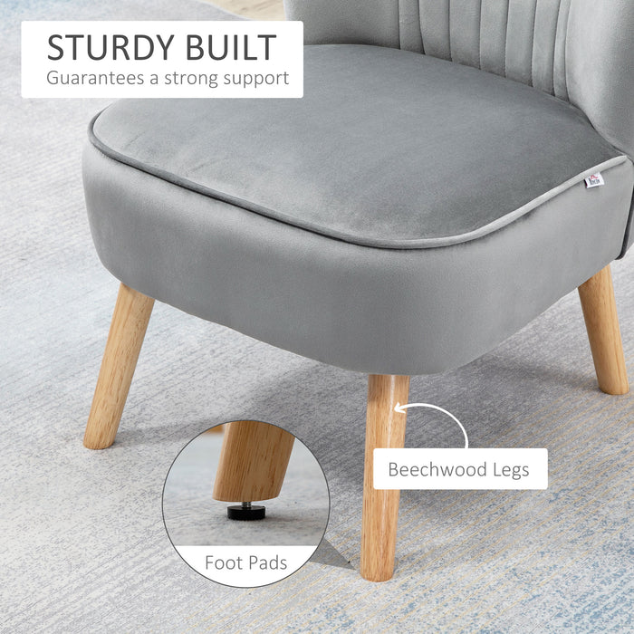 Velvet Tub Chair with Ottoman - Padded Occasional Accent Seat with Curved Back and Wooden Legs - Stylish Seating for Home Comfort in Light Grey