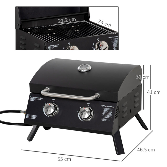 Portable 2-Burner Gas Grill with Folding Legs - Outdoor Tabletop BBQ, Built-in Thermometer, Durable Carbon Steel Construction - Perfect for Patio, Camping & Tailgating