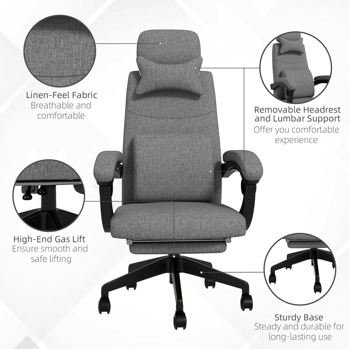 Ergonomic High Back Recliner Office Chair - Adjustable Height, Swivel Wheels, with Footrest and Lumbar Support in Dark Grey - Ideal for Comfortable Working and Relaxation