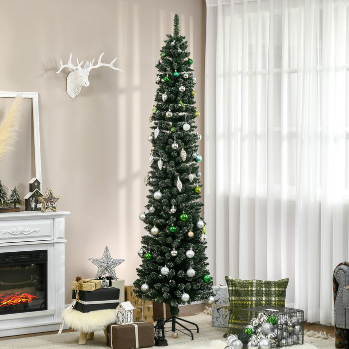 Artificial Snow-Flocked Pencil Christmas Tree 7.5FT - Slim Green Holiday Tree with Black Folding Metal Stand - Festive Indoor Home Decor for Xmas Season