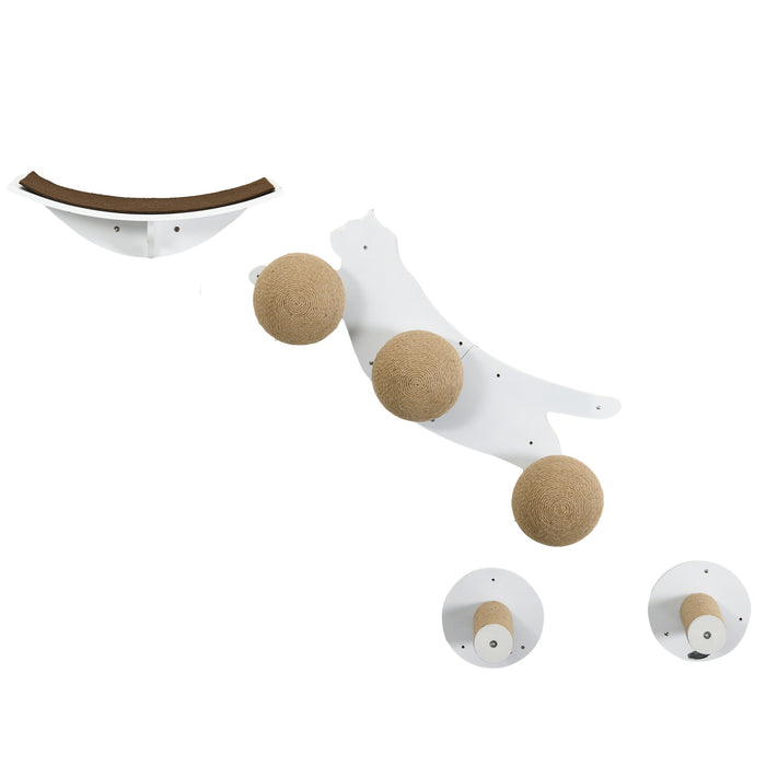 Cat-Shaped Wall Mounted Shelf Set - 4-Piece Cat Furniture with Scratching Posts and Hanging Balls - Ideal for Playful Felines and Space-Saving Pet Decor