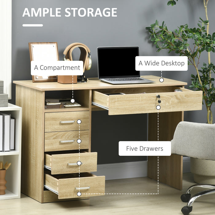 Oak-Finished Computer Desk - Home Office Workstation with Lockable Drawer and Storage Shelf - Ideal for Study and Bedroom Use
