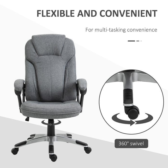 Height Adjustable Grey Linen Fabric Swivel Chair - Ergonomic Home Office Computer Chair with Padded Armrests and Tilt Function - Comfortable Seating for Work and Study