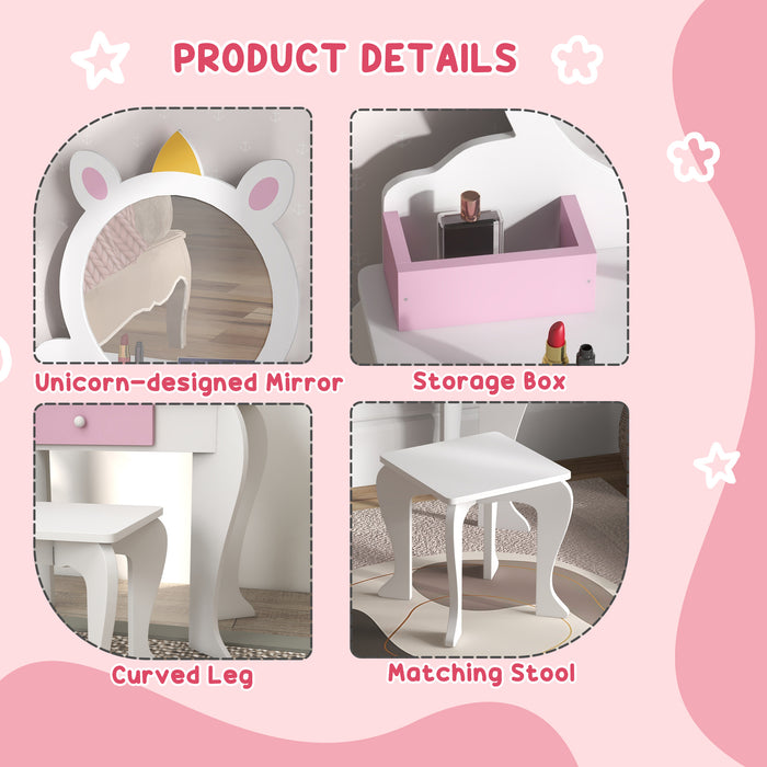 Unicorn-Design Vanity Set for Children - Dressing Table with Mirror and Matching Stool - Perfect for Kids' Bedroom Decor and Playtime
