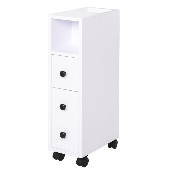 Slimline Freestanding Storage Cabinet - 2 Drawers, Open Shelving, Wheels, and Handles - Space-Saving Organizer for Bathroom or Home Office