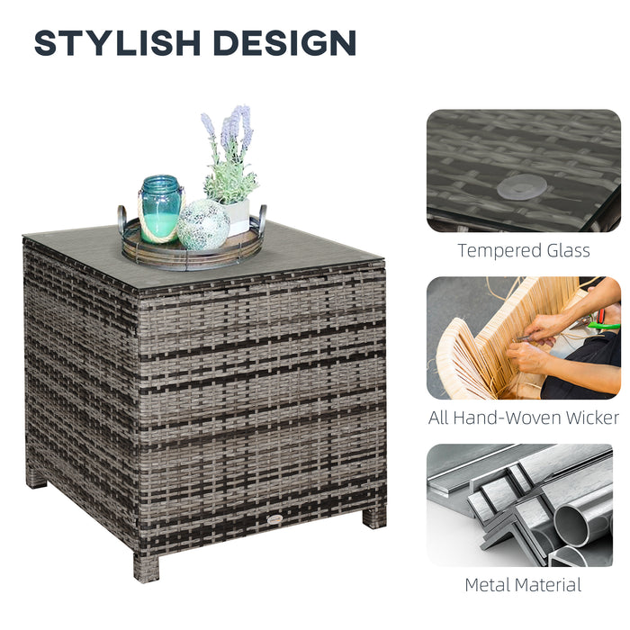 Rattan Garden Side Table with Tempered Glass Top - Durable Patio Furniture in Grey - Ideal for Outdoor Lounging and Decoration