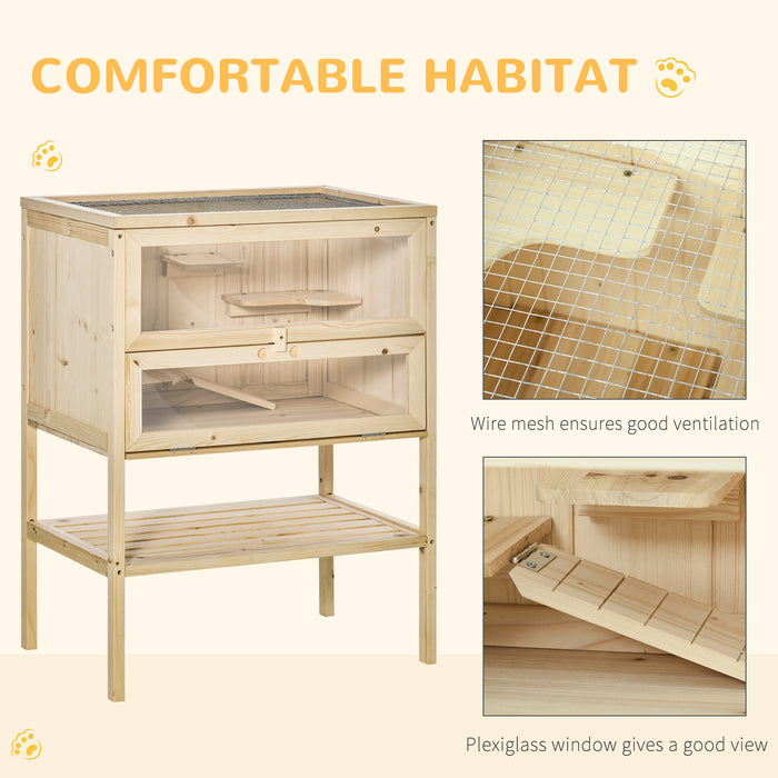 Wooden 3-Tier Hamster Home - Spacious Fir Wood Cage for Mice, Guinea Pigs & Small Rodents - 60x40x80cm Pet Habitat with Play Area