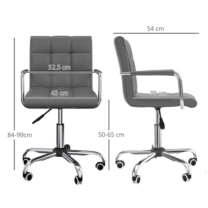 Ergonomic Mid-Back Swivel Chair in Grey PU Leather - Adjustable Height, Padded Armrests and Rolling Wheels - Ideal for Home Office and Computer Desks
