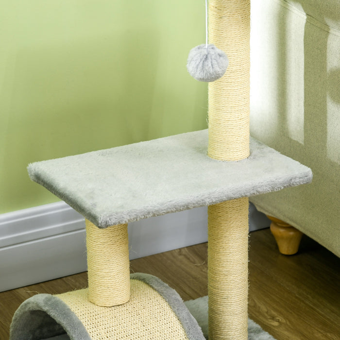 Multi-Level Cat Tree Tower with Sisal Scratching Post - Indoor Climbing Activity Centre with Pad and Hanging Ball in Light Grey - Perfect Play Structure for Cats and Kittens