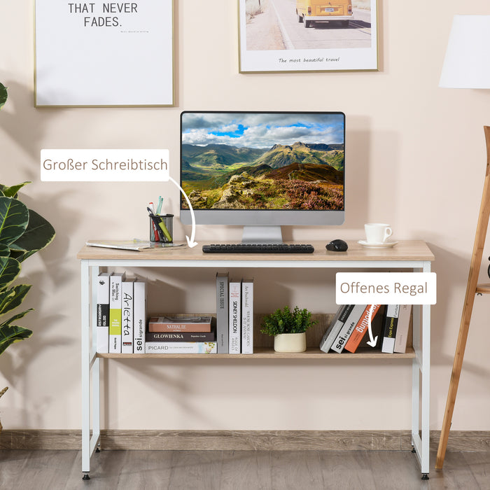 Adjustable Oak Computer Desk with Storage Shelf - Sturdy Metal Frame Home Office Workstation for Laptop and Writing - Ideal for Study and Work at Home
