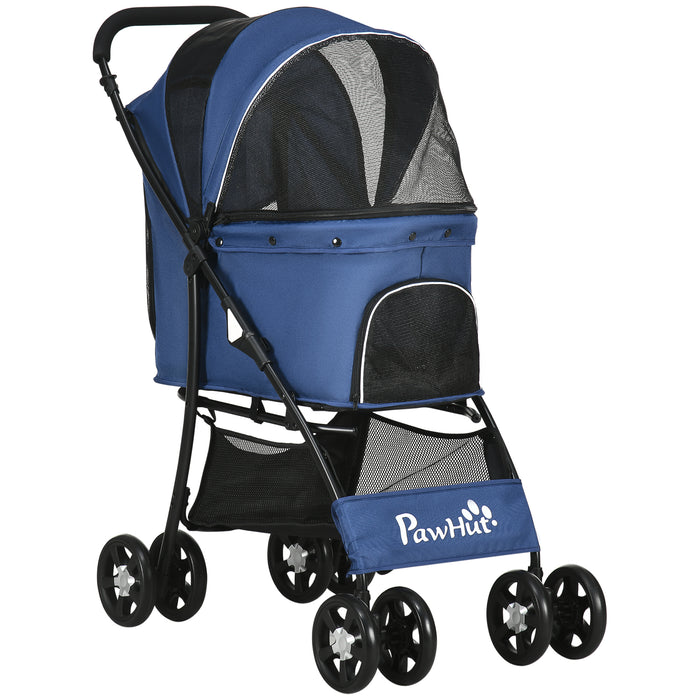 Foldable Pet Stroller with Spacious Carriage - Dog and Cat Travel System with Universal Wheels and Brake Canopy - Perfect for Pets, Includes Basket Storage Bag in Dark Blue