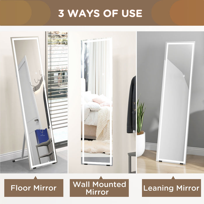 LED-Lit Standing Dressing Mirror - Bedroom Wall Mirror with Dimmable 3-Color Lighting, White - Ideal for Makeup and Room Ambiance