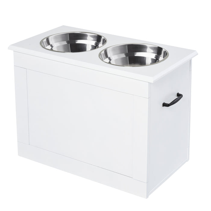 Elevated Dog Feeding Station with Storage - Includes 2 Stainless Steel Bowls, Ideal for Large Pets, White Finish - Convenient Mealtime Solution for Large Dogs