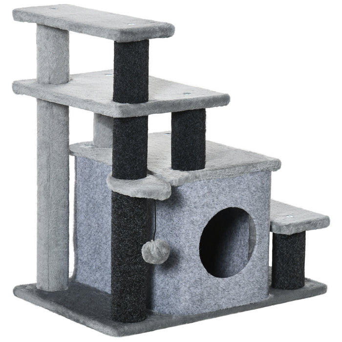 Adjustable 3-Step/4-Step Cat Stairs with Hanging Ball - Multifunctional Pet Steps for Bed and Sofa, Detachable Cover, 60x40x66 cm in Grey - Ideal for Cats and Small Pets for Easy Access and Comfort