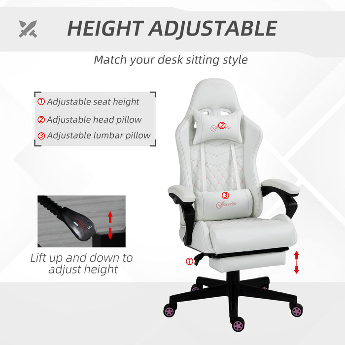 Ergonomic Racing Style Gaming Chair - Swivel Wheels, Adjustable Footrest, PU Leather Reclining Seat - Comfortable Home Office Gamers' Essential in White