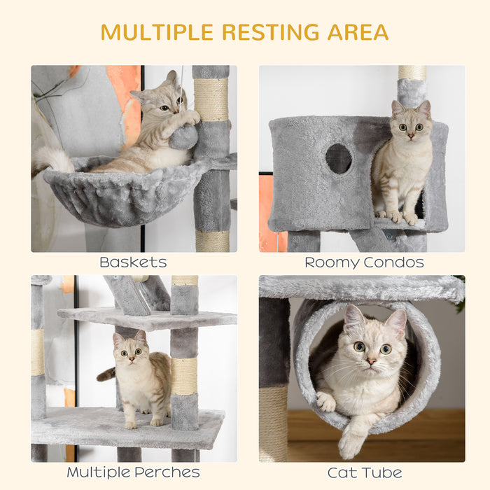 Floor-to-Ceiling Adjustable Cat Tree - 240-260cm Tall Climbing Tower for Felines in Light Grey - Ideal for Indoor Cats' Play and Exercise