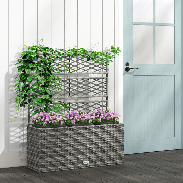 Garden PE Rattan Planter with Trellis - Free Standing Raised Flower Bed for Climbing Plants, 33L Capacity - Ideal for Outdoor Gardening, 84x30x107cm in Light Grey