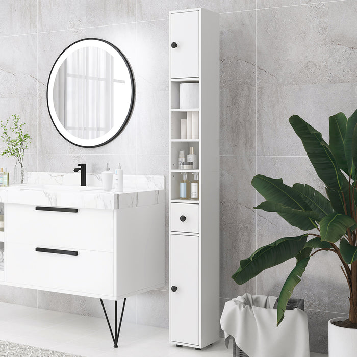 180cm High Narrow Bathroom Cabinet - Slim Toilet Roll Organizer with Open Shelving & Dual-Door Compartments - Adjustable Storage Solution for Bathrooms & Kitchens, Elegant White Design