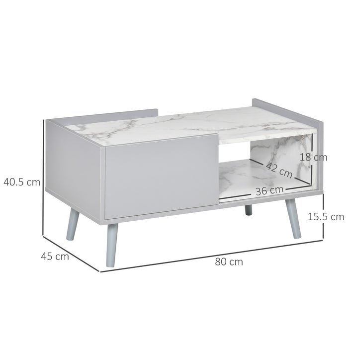 Duo Storage Two-Tone Coffee Table - Modern Marble Effect with Shelf and Drawer - Elegant Grey and White Side Table with Wooden Legs for Living Room