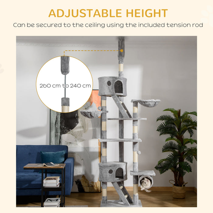 Floor-to-Ceiling Adjustable Cat Tree - 240-260cm Tall Climbing Tower for Felines in Light Grey - Ideal for Indoor Cats' Play and Exercise