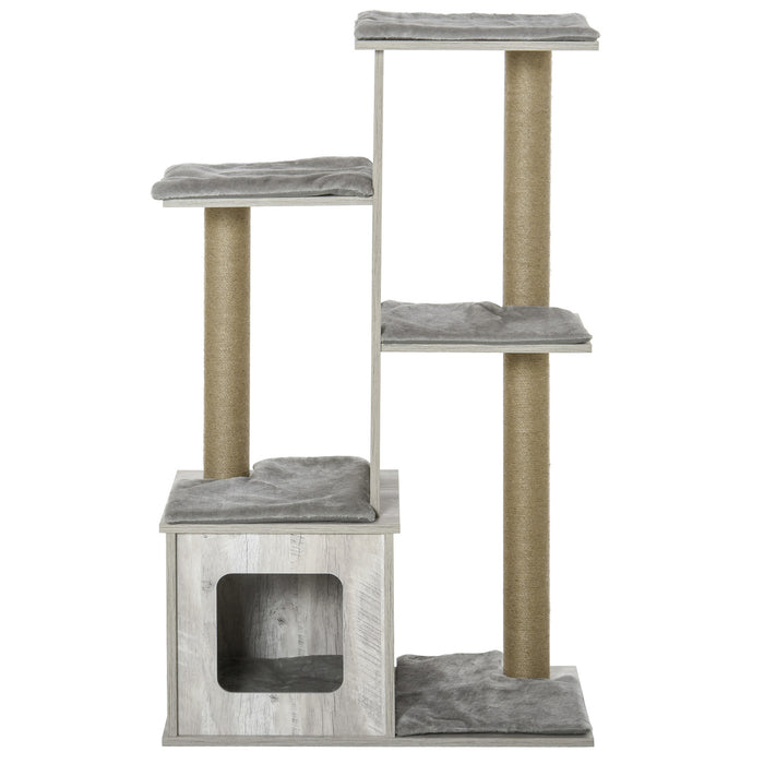 Large Cat Tower with Jute Scratching Post and Condo - 114cm Multi-Level Play House and Activity Center for Indoor Cats - Sturdy Furniture for Kittens in Grey