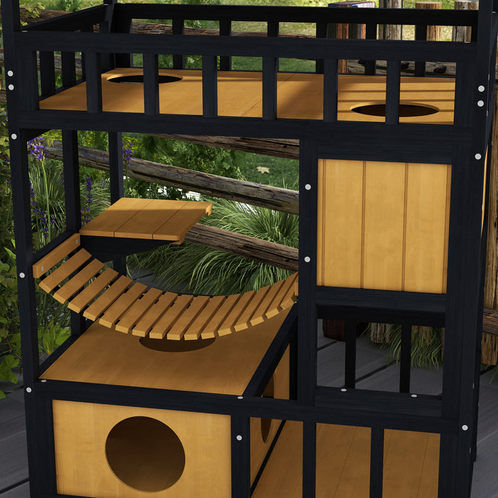 Four-Tier Wooden Outdoor Cat Shelter - Sturdy Feral Cat House with Suspension Bridge, Balcony, and Escape Doors - Perfect Haven for Outdoor or Stray Cats